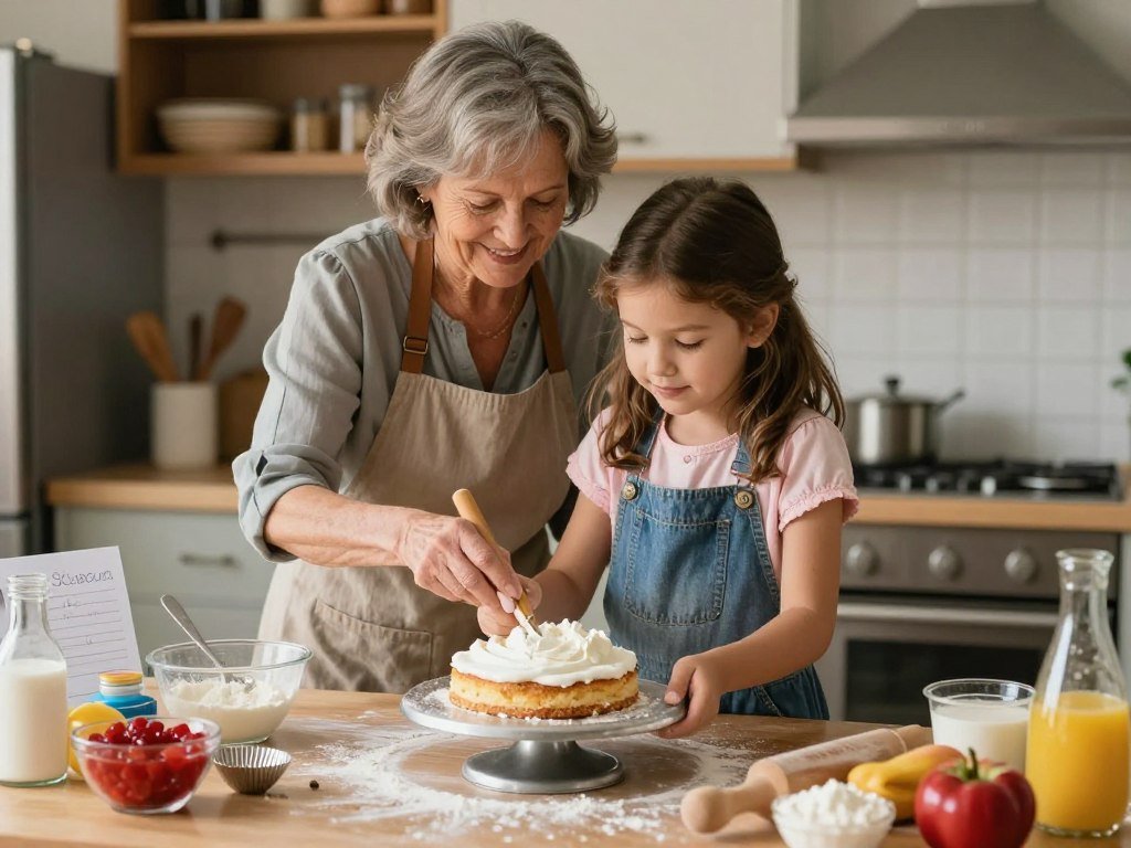 A grandmother teaching her granddaughter to bake a family recipe cake for her birthday, with ingredients laid out and both smiling in a warm kitchen setting