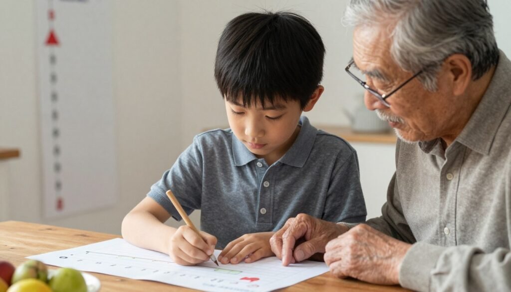 A grandson and grandparent engaged in a special birthday tradition together