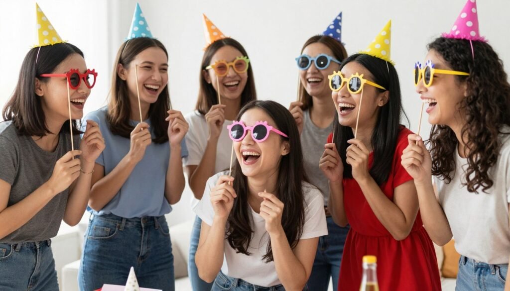 A group of women participating in a funny birthday activity with props and costumes