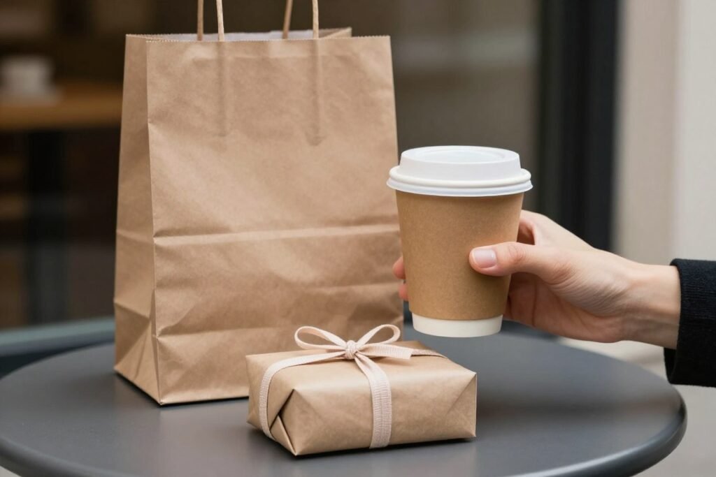 A hand delivering a coffee cup with a small wrapped gift for a happy birthday friend