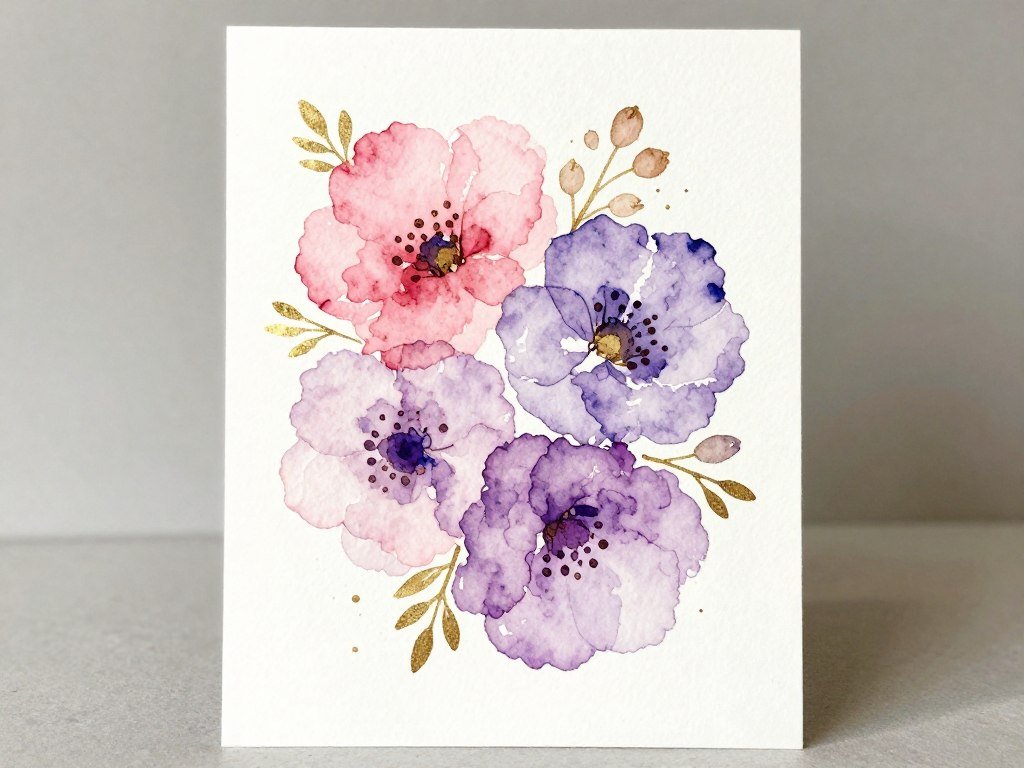 A handmade birthday card featuring soft watercolor flowers in pink and purple hues with gold accents A handmade birthday card featuring soft watercolor flowers in pink and purple hues with gold accents