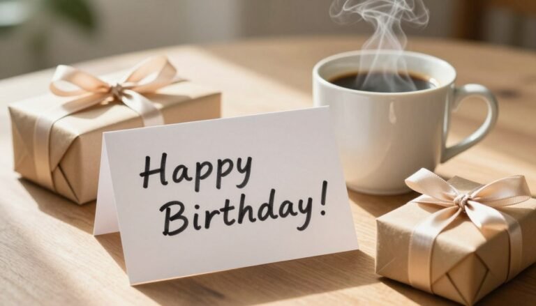 A handwritten birthday card for husband with coffee and small gift box