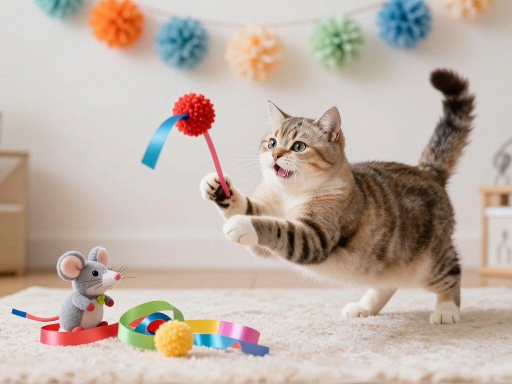 A happy birthday cat scene with a cat playing with birthday-themed toys and decorations