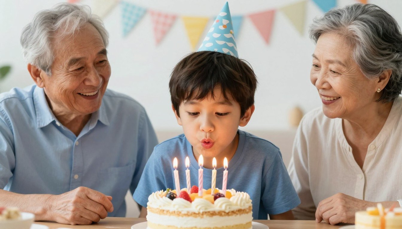 A happy birthday celebration with a young grandson blowing out candles on a cake while grandparents watch with joy