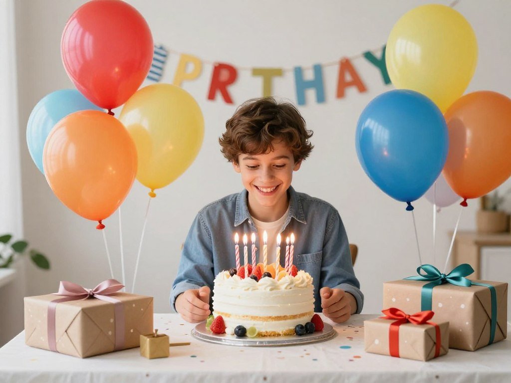 A happy birthday nephew celebration with a decorated cake, colorful balloons, and wrapped presents arranged on a festive table