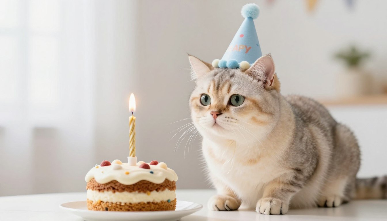 A happy cat wearing a small birthday hat sitting next to a cat-safe cake with a single candle