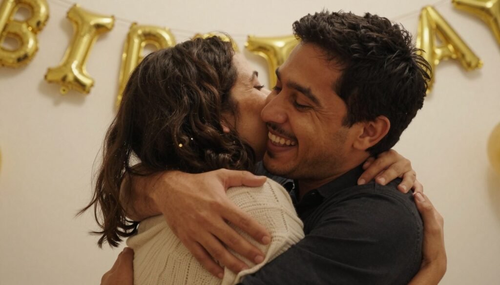 A happy couple embracing during birthday celebration A happy couple embracing during birthday celebration