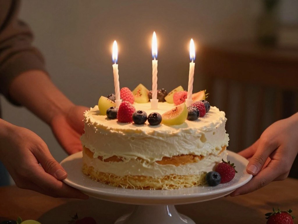 A homemade birthday cake with candles being presented for a happy birthday friend celebration