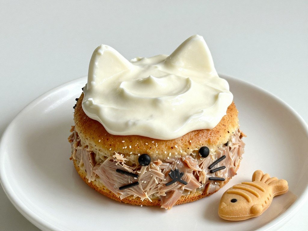 A homemade cat birthday cake made with tuna and topped with a small amount of plain yogurt