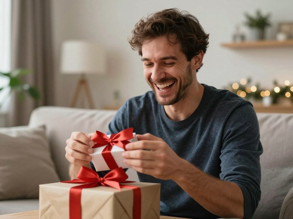 A husband laughing while opening a funny birthday gift A husband laughing while opening a funny birthday gift