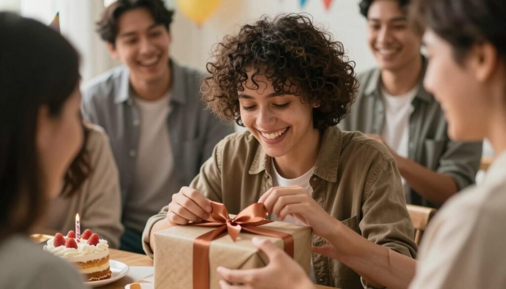 A joyful birthday celebration scene with a person opening a thoughtfully chosen gift, surrounded by loved ones and celebration elements A joyful birthday celebration scene with a person opening a thoughtfully chosen gift, surrounded by loved ones and celebration elements