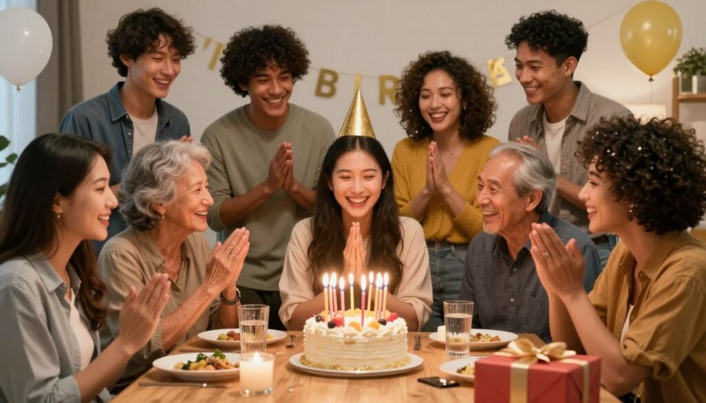 A joyful birthday celebration with friends and family sharing happy birthday wishes A joyful birthday celebration with friends and family sharing happy birthday wishes