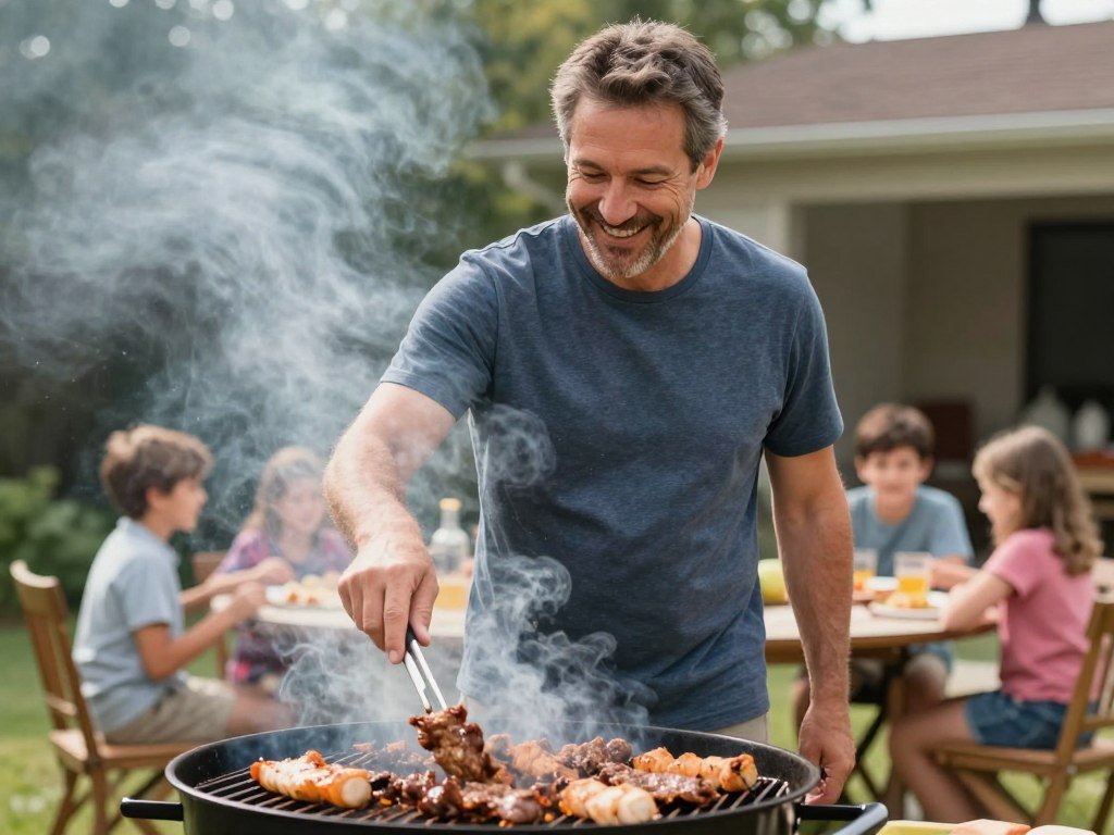 A man grilling at a family barbecue, representing a culinary enthusiast brother-in-law A man grilling at a family barbecue, representing a culinary enthusiast brother-in-law