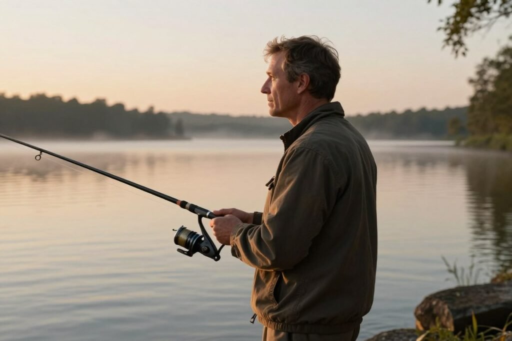 A man looking at fishing gear that reminds him of his father for happy birthday in heaven dad