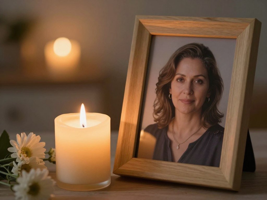 A memorial candle lit beside a mother's photograph on her heavenly birthday