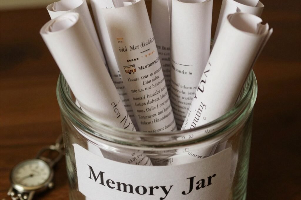 A memory jar with birthday notes and memories A memory jar with birthday notes and memories