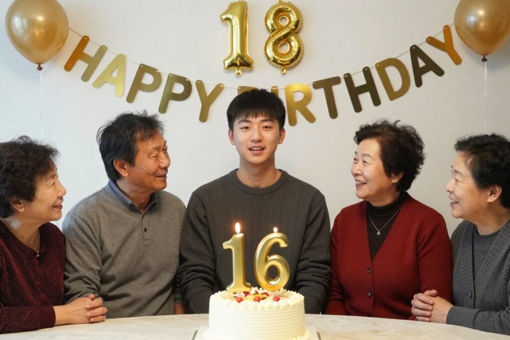 A milestone birthday celebration for a nephew turning 16 or 18, with family gathered and special decorations marking the occasion