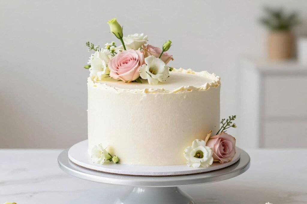 A minimalist birthday cake with smooth frosting and simple fresh flower decoration A minimalist birthday cake with smooth frosting and simple fresh flower decoration