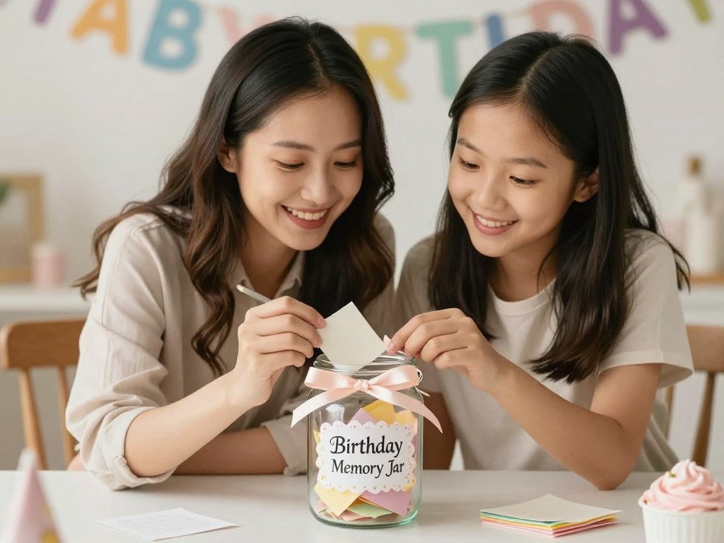 A mother and daughter adding notes to a decorated 'Birthday Memory Jar'