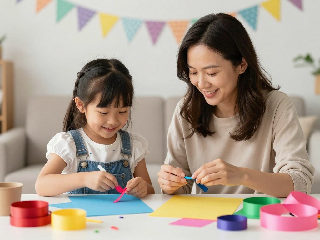 A mother and daughter creating handmade birthday decorations together A mother and daughter creating handmade birthday decorations together