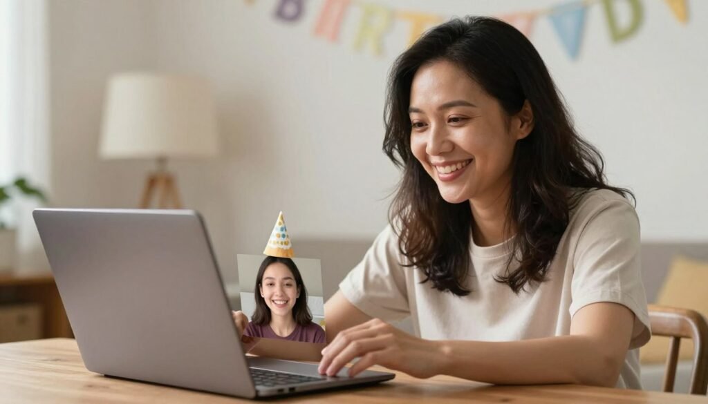 A mother having a birthday video call with her daughter, both smiling with birthday decorations visible A mother having a birthday video call with her daughter, both smiling with birthday decorations visible