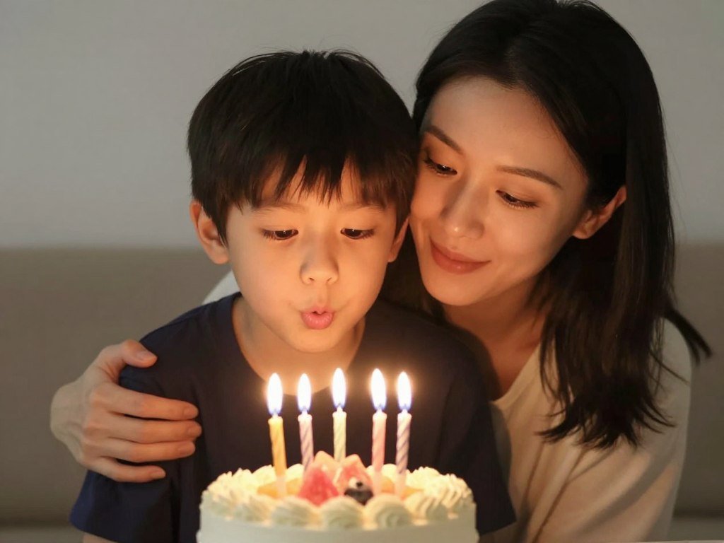 A mother hugging her young son while he blows out birthday candles on a cake