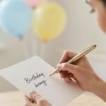 A mother writing a heartfelt birthday card for her daughter with a thoughtful expression