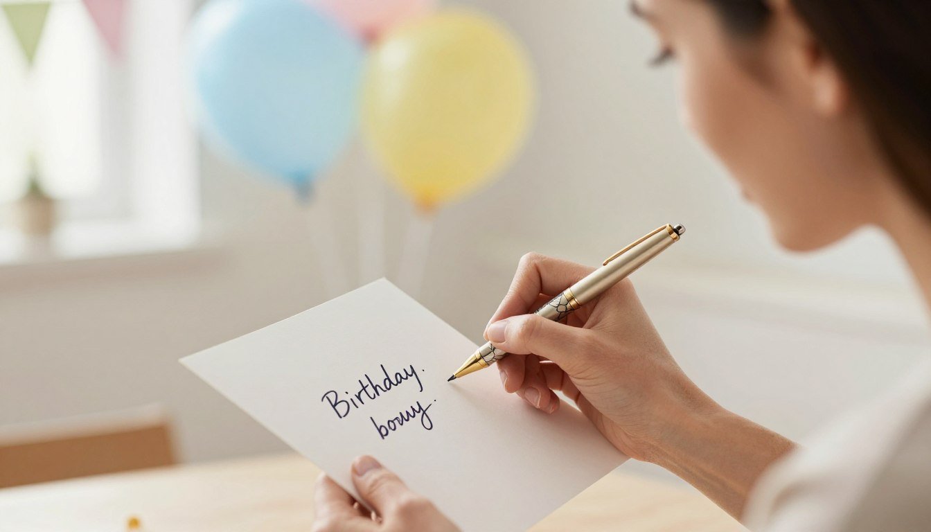 A mother writing a heartfelt birthday card for her daughter with a thoughtful expression
