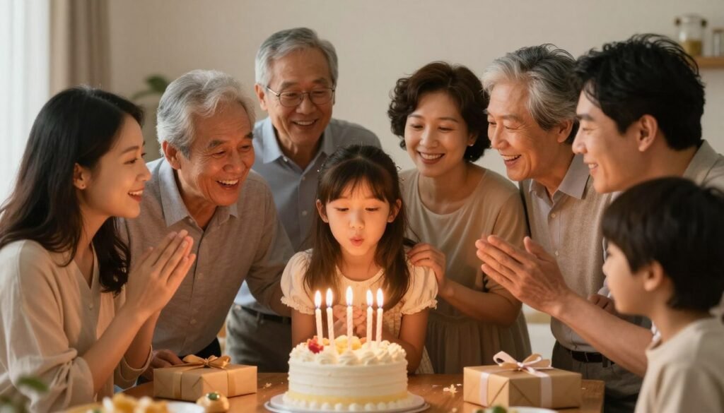 A multi-generational family celebration with grandparents and granddaughter sharing a joyful birthday moment, surrounded by love, laughter, and the warmth of family connection