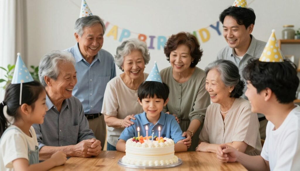 A multi-generational family celebration with grandparents, parents, and a grandson enjoying a birthday party