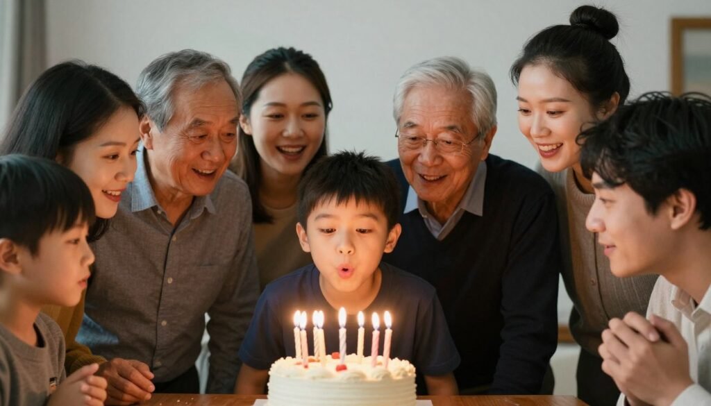 A nephew blowing out birthday candles surrounded by family, capturing the joy and connection of celebrating together