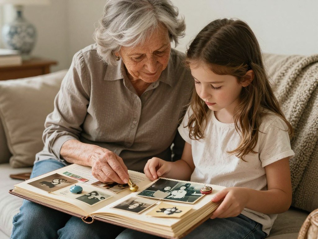 A nostalgic memory lane birthday celebration with a grandmother and granddaughter looking through old photographs, memorabilia, and creating a scrapbook together