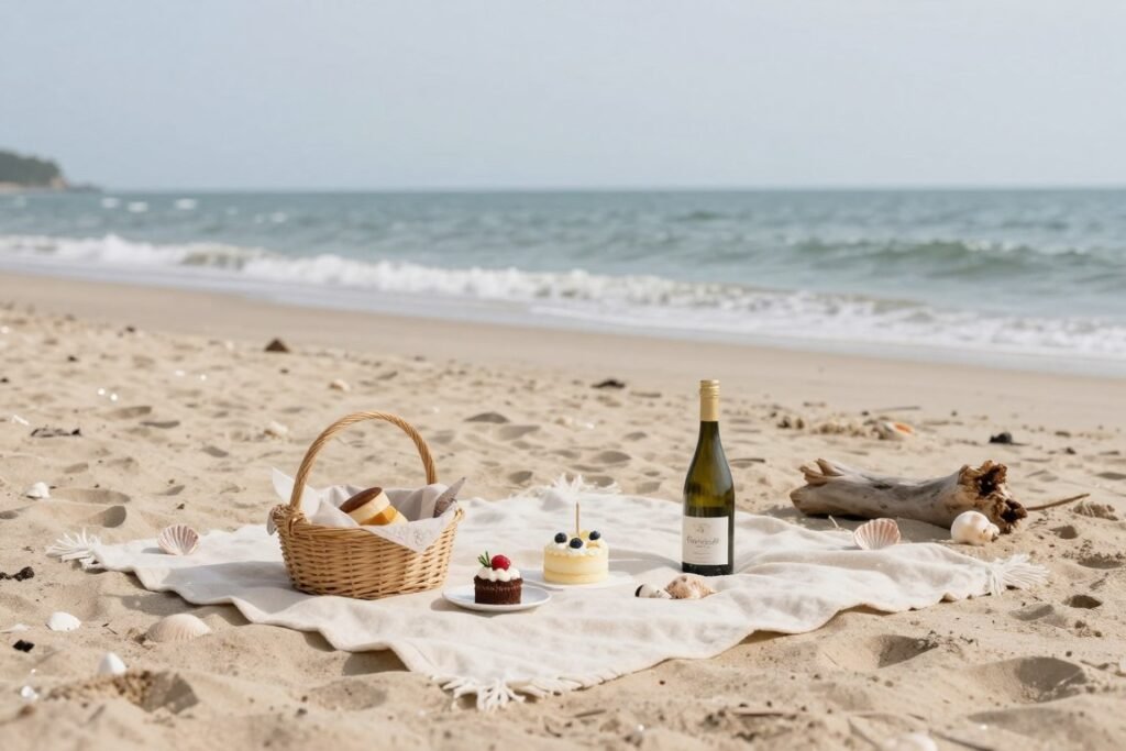 A peaceful beach picnic setup for a solitary happy birthday to me celebration A peaceful beach picnic setup for a solitary happy birthday to me celebration