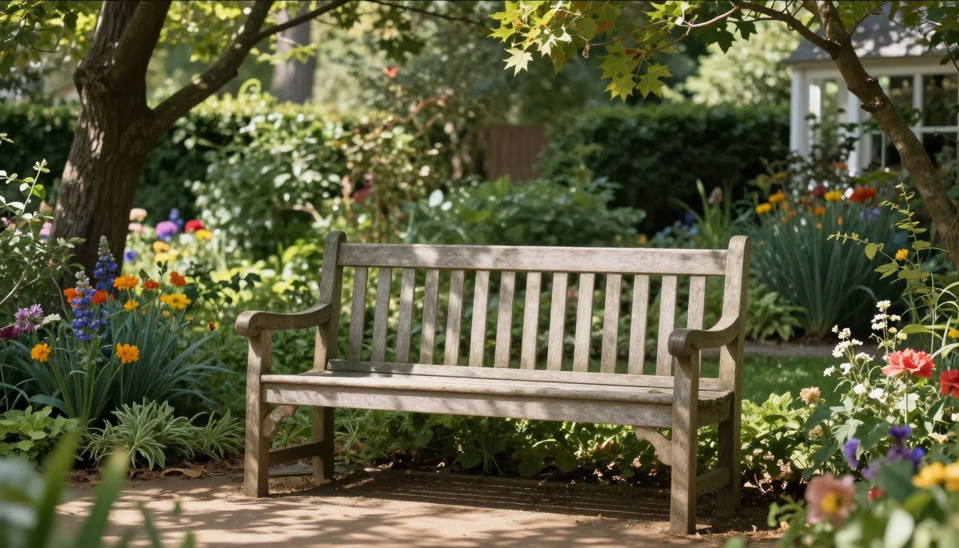 A peaceful garden bench with sunlight filtering through trees, symbolizing a place of reflection on mom's heavenly birthday