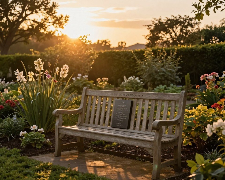A peaceful garden memorial bench at sunset for reflecting on a happy birthday in heaven A peaceful garden memorial bench at sunset for reflecting on a happy birthday in heaven