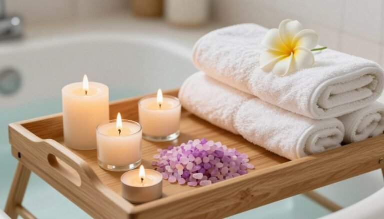 A peaceful home spa setup with candles, bath salts, and flowers for a happy birthday to me celebration