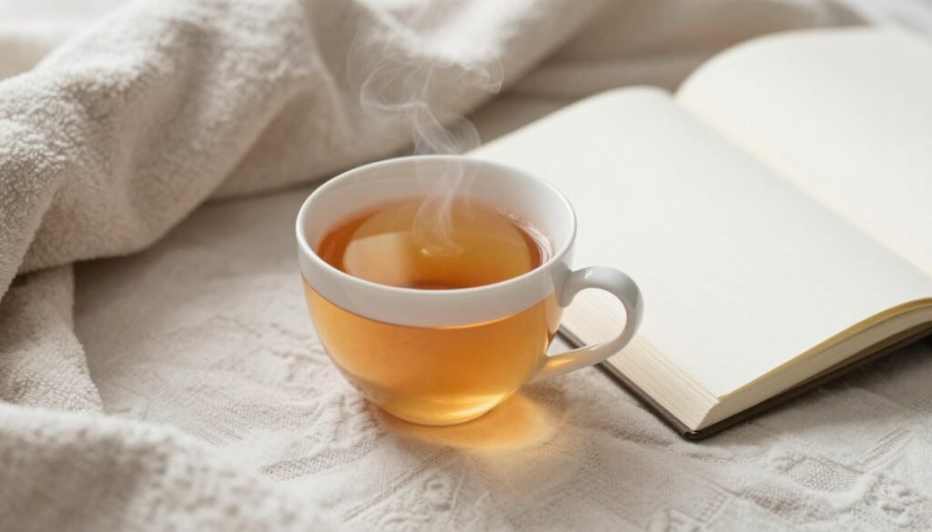 A peaceful self-care setting with tea and journal for reflection on mom's heavenly birthday