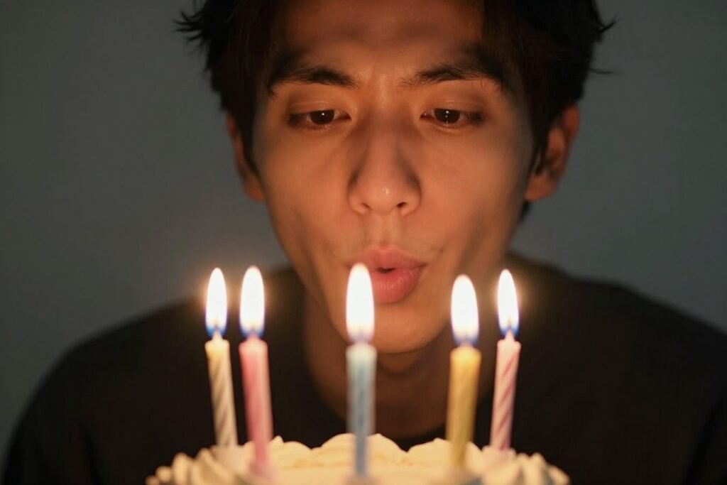 A person blowing out birthday candles with a determined, hopeful expression