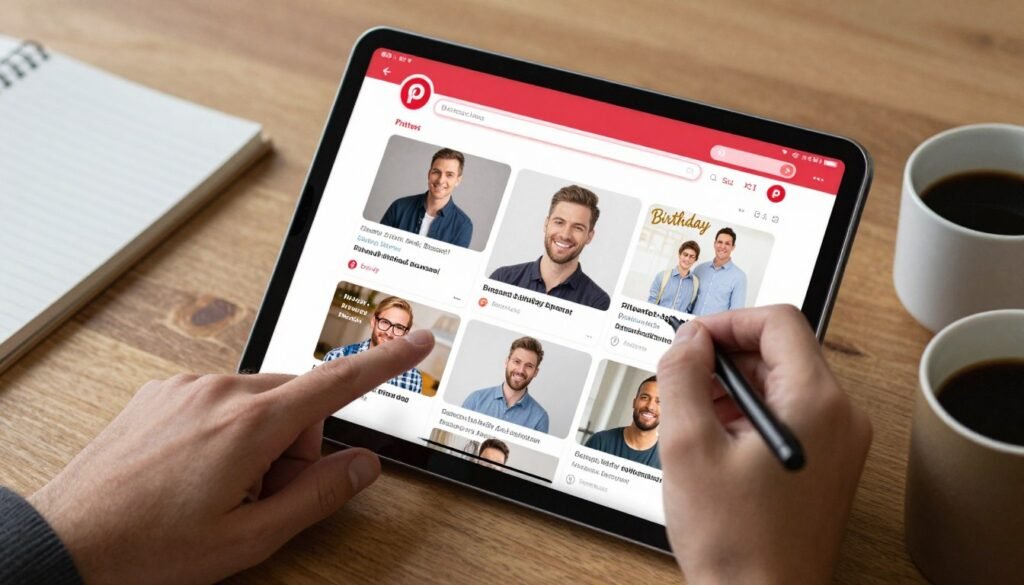 A person creating a Pinterest board for husband's birthday ideas A person creating a Pinterest board for husband's birthday ideas