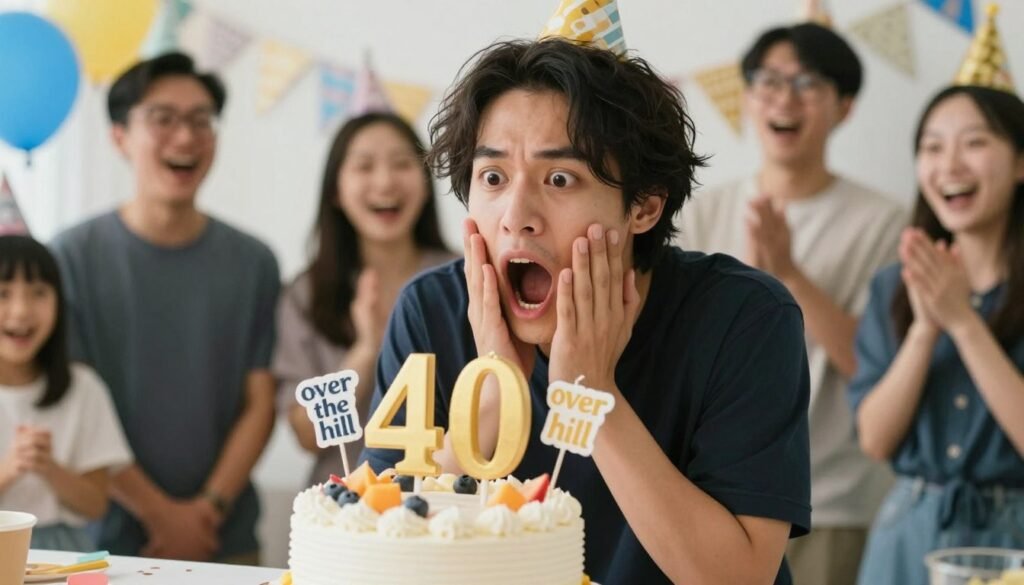 A person dramatically reacting to a 40th birthday cake with over-the-hill decorations, perfect for happy birthday funny humorous milestone content