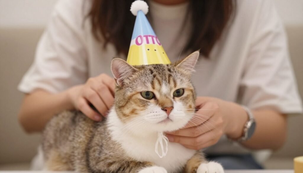 A person gently petting a cat wearing a small birthday hat
