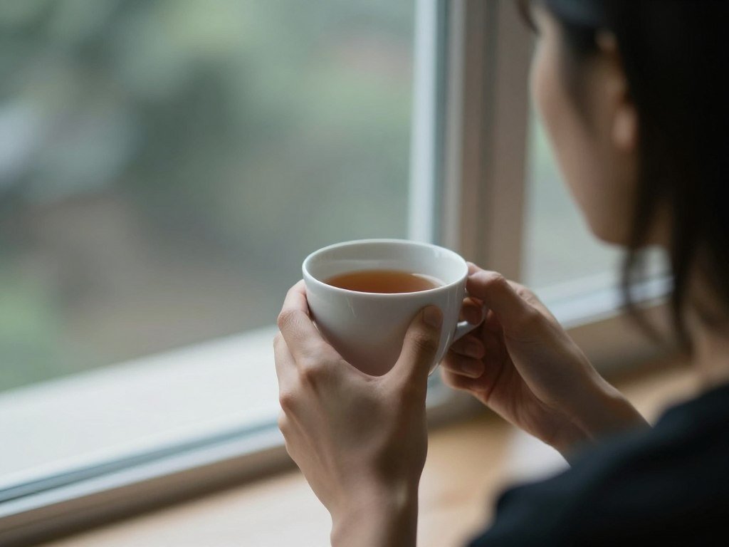 A person holding a cup of tea looking out a window on mom's heavenly birthday