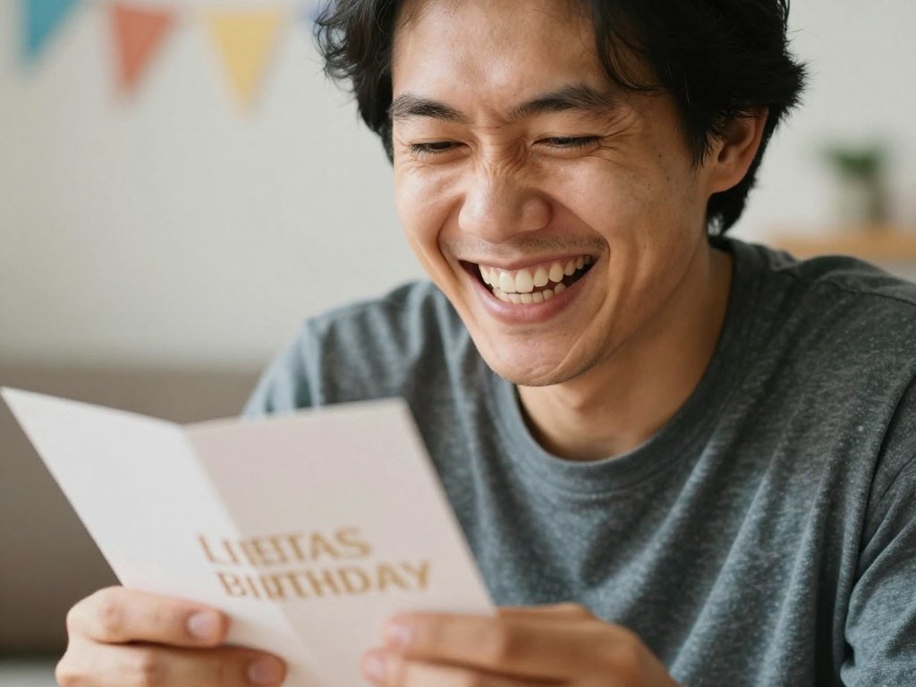 A person laughing at a birthday card with a pun, representing happy birthday funny humorous jokes and puns