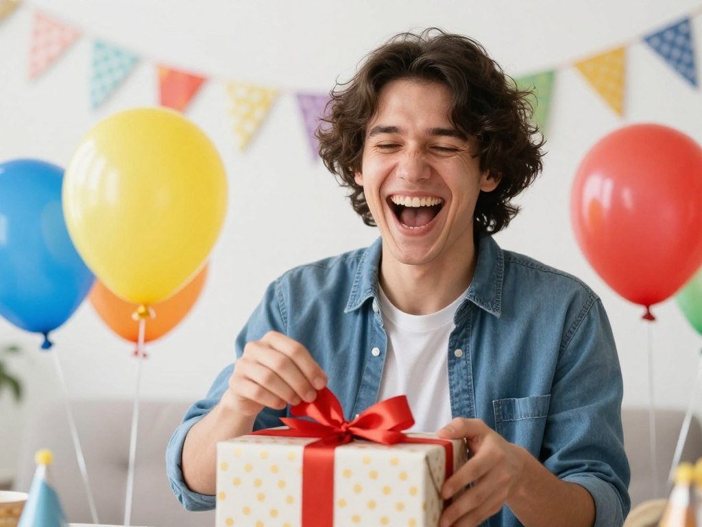 A person laughing while opening a birthday gift, surrounded by colorful balloons and party decorations, representing funny birthday celebrations