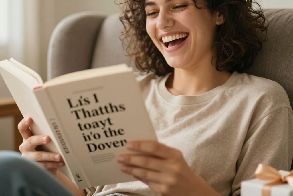 A person laughing while reading a book of quotes, representing happy birthday funny humorous famous quotes