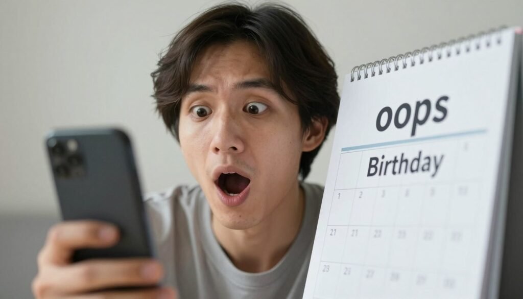 A person looking at a calendar with an exaggerated 'oops' expression, perfect for happy birthday funny humorous belated wishes