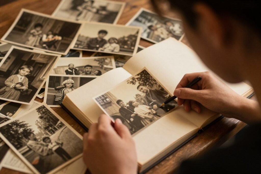 A person looking at old photos and mementos for a reflective happy birthday to me celebration A person looking at old photos and mementos for a reflective happy birthday to me celebration