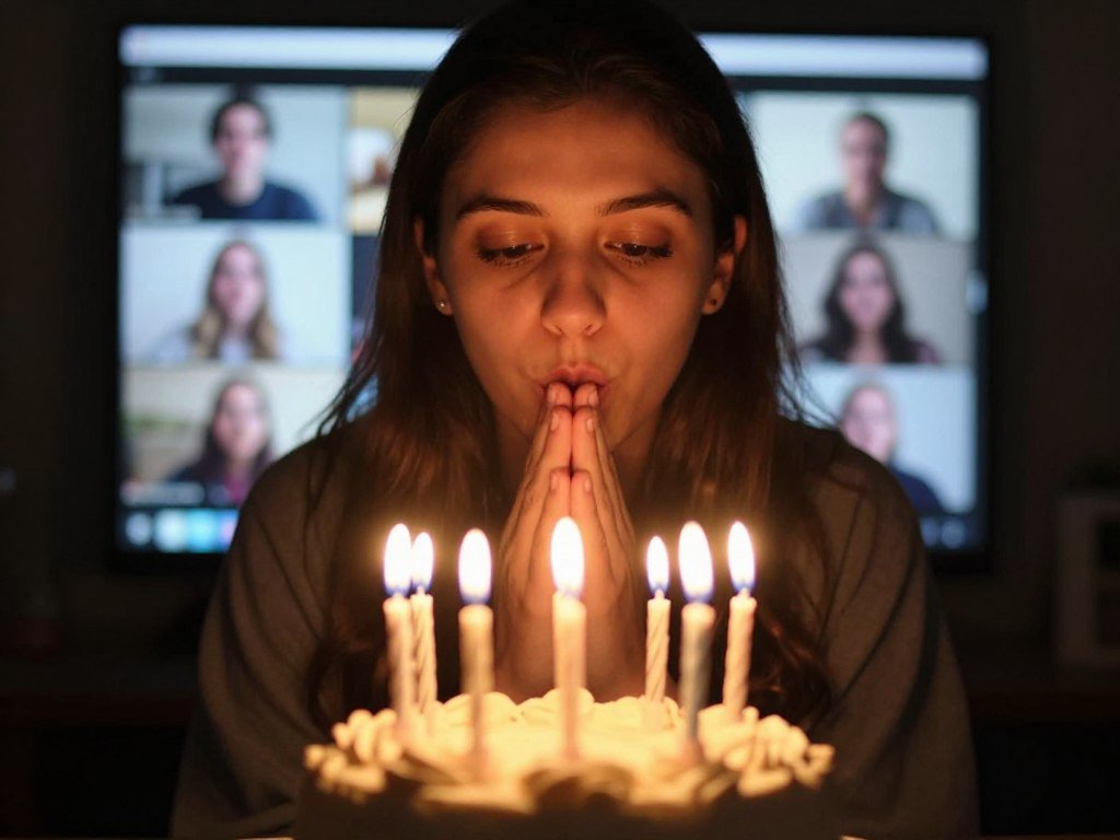 A person making a birthday wish while blowing out candles during an online celebration for a happy birthday to me moment A person making a birthday wish while blowing out candles during an online celebration for a happy birthday to me moment