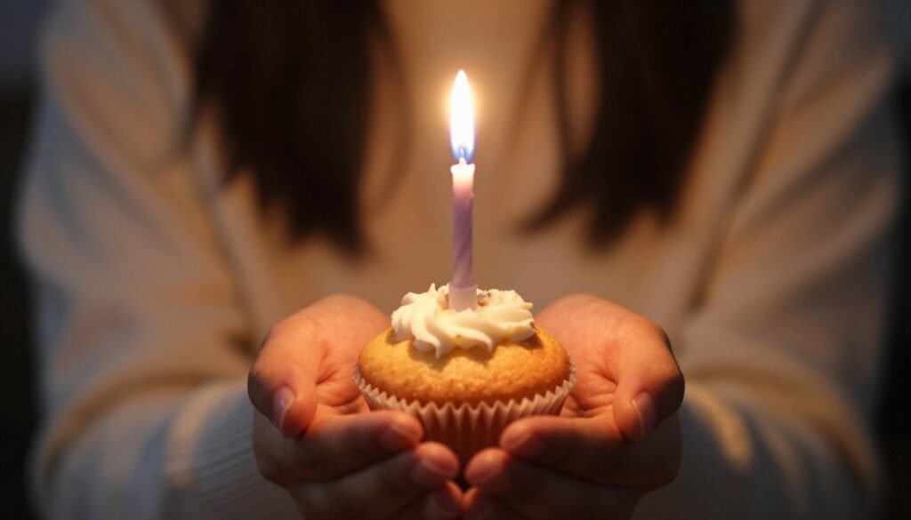 A person making a birthday wish with a glowing candle for a happy birthday to me celebration A person making a birthday wish with a glowing candle for a happy birthday to me celebration