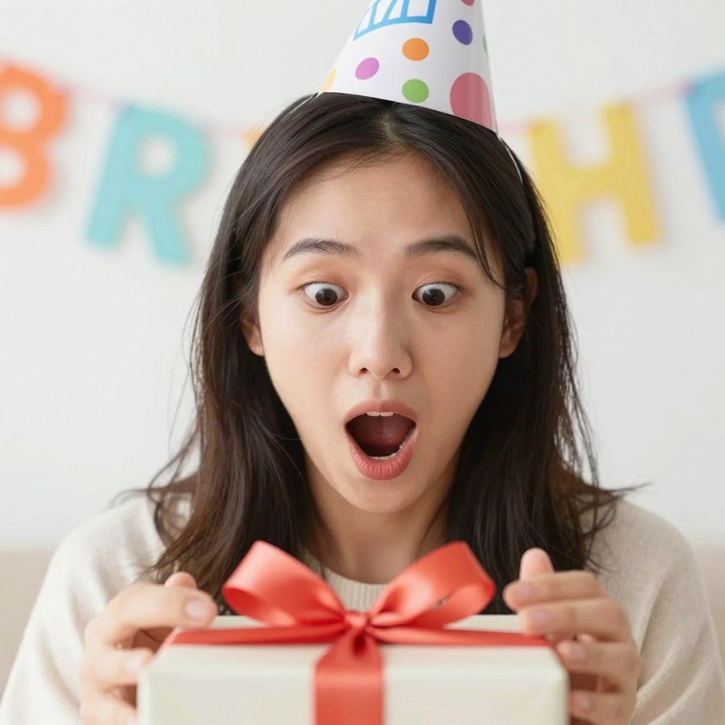 A person opening a birthday gift with an exaggerated shocked expression, perfect for happy birthday funny humorous content